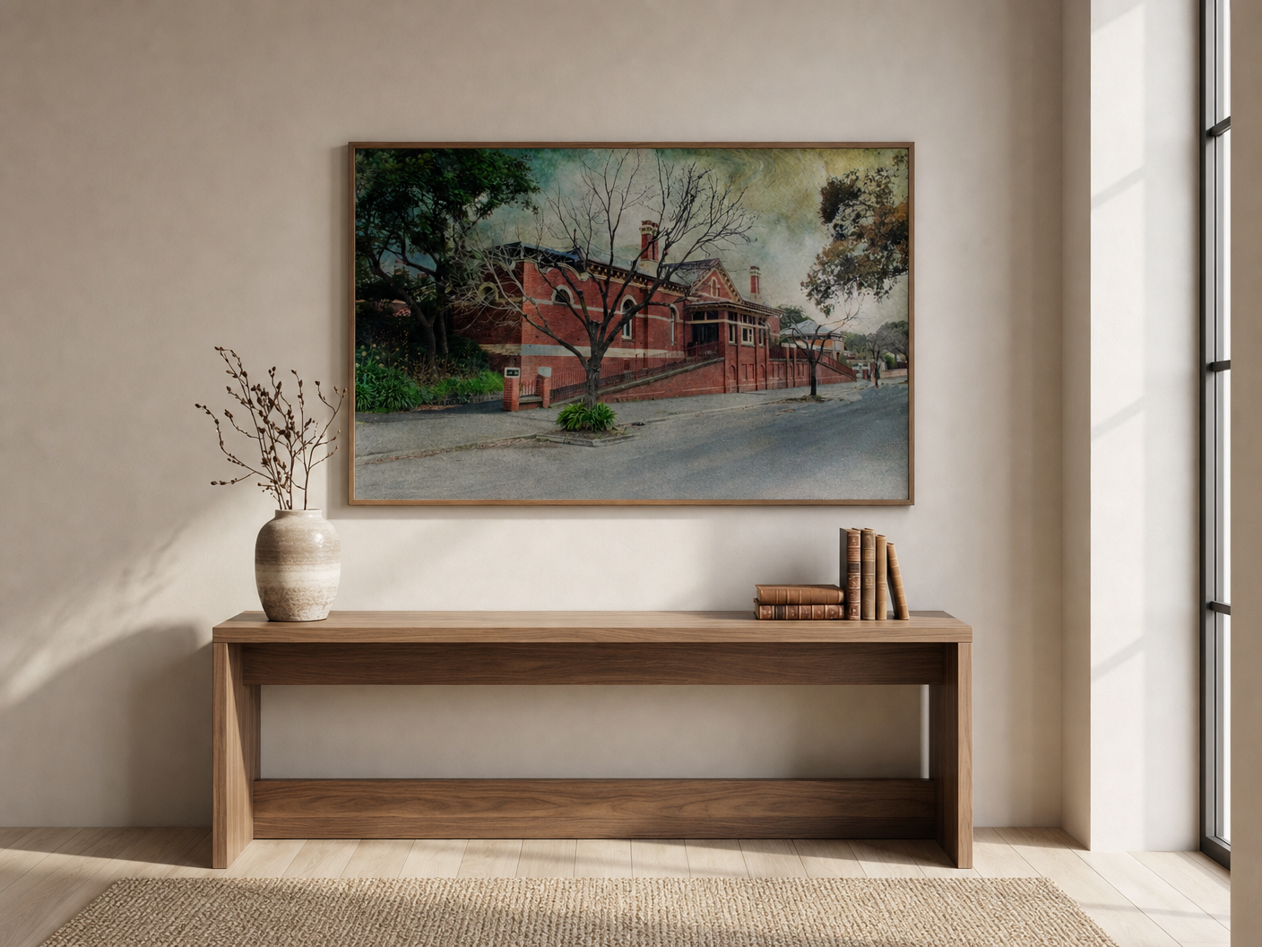 Red Brick Civic Streetscape shown framed above a timber console in a premium residential lounge room.