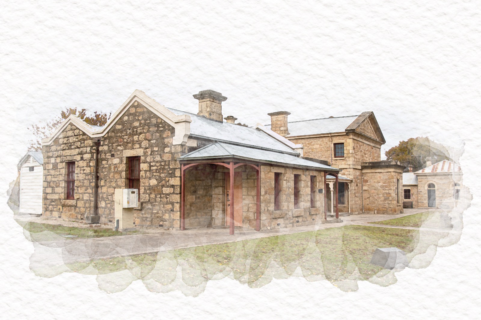 A grouped stone homestead complex with chimneys and low roofs rendered in a soft watercolor treatment.